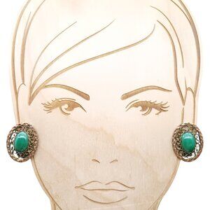 Vintage Mexican Green Stone Earrings in Copper Filigree Oval Clip-On
